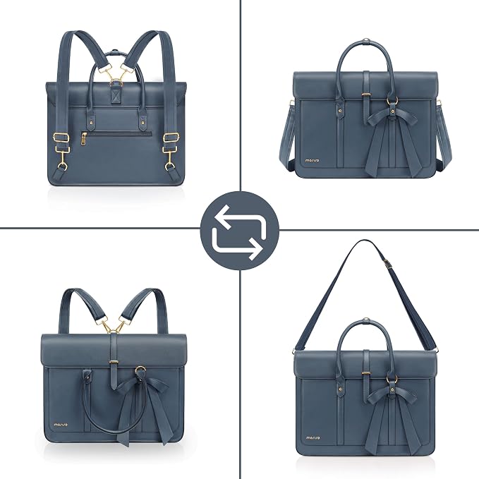 MOSISO Laptop Bag for Women, 17 inch PU Leather Laptop Shoulder Bags Convertible Backpack, 17.3 inch Messenger Bags Casual Handbag Work Briefcase Travel Computer Bag with Bowknot, Peacock Blue
