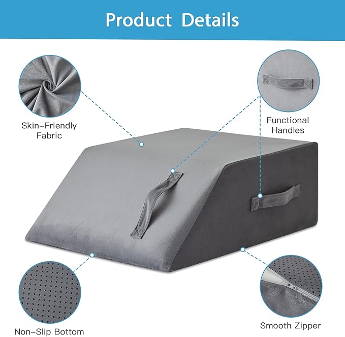 MEGCXIT Leg Pillow Elevation Blood Circulation, Leg Wedge for Elevation for Swelling, Leg Elevating Pillow for After Surgery Memory Foam Foot Knee Pillow for Back Sleeping 24×19×8 Inch Grey Plush