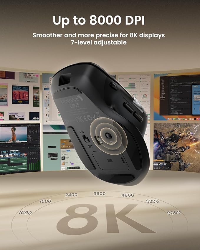 ProtoArc Ergonomic Wireless Mouse, EM25 Fast Scrolling & Side Scroll, Customizable Bluetooth Rechargeable Mouse, 8000 DPI for Medium to Large Hands, Compatible with Windows/Mac/Android, Black