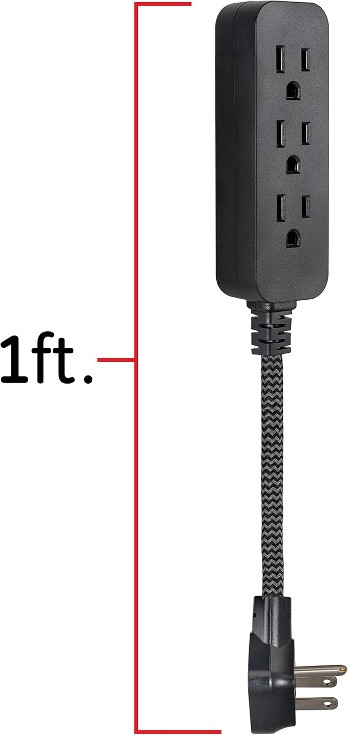 GE 3-Outlet Power Strip Mini Extension Cord with Multiple Outlets 5 Inch Braided Short Cord Extension Cord Grounded Flat Plug Extension Cord ETL Listed 2 Pack Black 53240