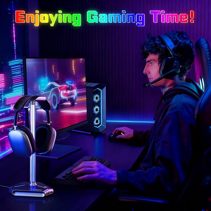 RGB Headphone Stand with 2 USB Ports & Extension Cord, Gaming Headset Holder for Desktop, PC Gaming Accessories, Gifts for Teen Boys, Men, Boyfriend, Gaming Setup Organizer