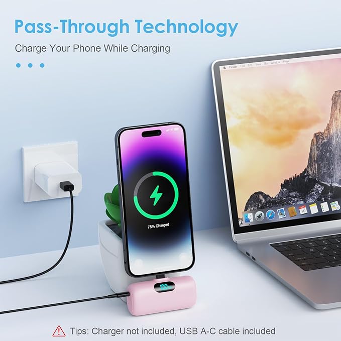 [2-Pack] Mini Portable Charger USB C Power Bank,Upgraded 5000mAh PD Fast Charging Battery Pack Built-in USB-C Connector Travel Essential for iPhone17/17Pro/17Pro Max/Air/16 Plus/16Pro Max/15 Series