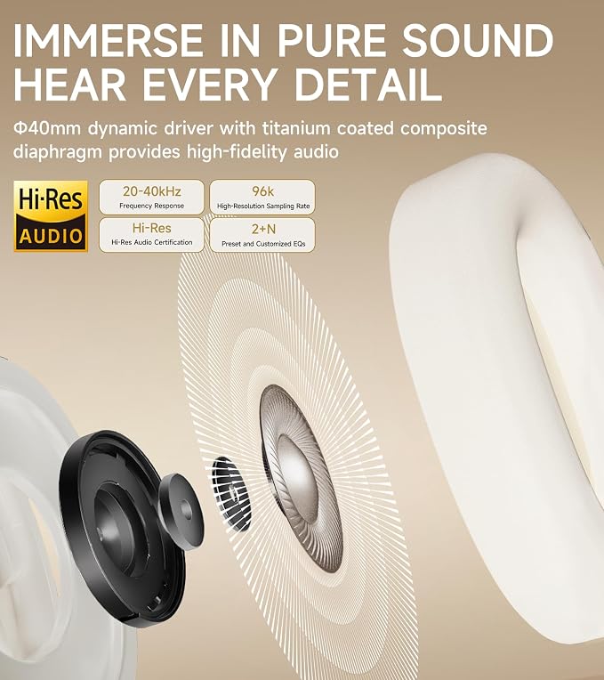 Atom Max Hybrid Active Noise Cancelling Over-Ear Headphones - Hi-Res Audio with Microphone, Volume Control, 45H Playtime, Fast Charging, Bluetooth 5.4, App Customization, Foldable Headset, White