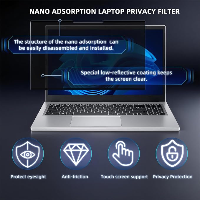Nano-Adsorption Laptop Privacy Screen 16 inch 16:10, Removable Laptop Privacy Screen Protector, Anti Glare Blue Light Touchscreen compatible, Computer Private Filter