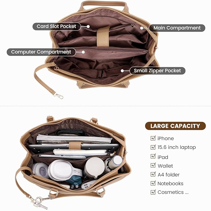LOVEVOOK Laptop Bag for Women, 15.6 inch Laptop Tote Work Teacher Bags Cancas Computer Shoulder Bag,Apricot