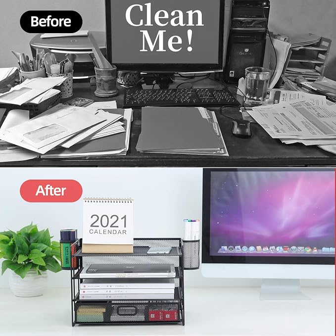 Marbrasse Desk Organizer and Accessories4-Tier Paper File Letter Tray Accessories & Workspace Desk Organizers with Drawer and 2 Pen Holders for School Home Office Supplies (Black)
