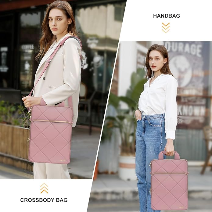 MOSISO Vertical Laptop Bag,Computer Bags,Rhombus Quilted Laptop Shoulder Bag with Trolley Sleeve&Pocket&Handle