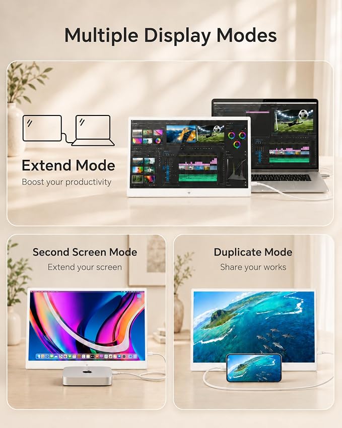 KTC Portable Monitor 15.6 Inch, FHD 1080P Travel Laptop Monitor Extender with USB-C HDMI, Ultra-Slim IPS HDR Display with Speakers, Second Screen for Laptop Computer Phone Xbox Mac Switch, White H15F8
