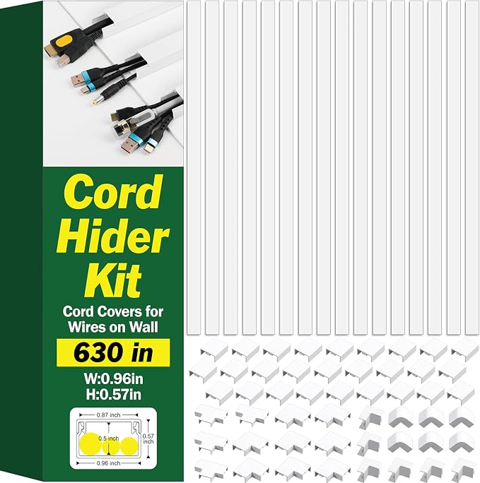 AZEN Cord Hider Kit, 630in Cord Covers for Wires on Wall, Paintable Wire Covers for Cords on Wall, Self-Adhesive Cable Hider Cord Organizer, 40X L15.75in X W0.96in x H0.57in