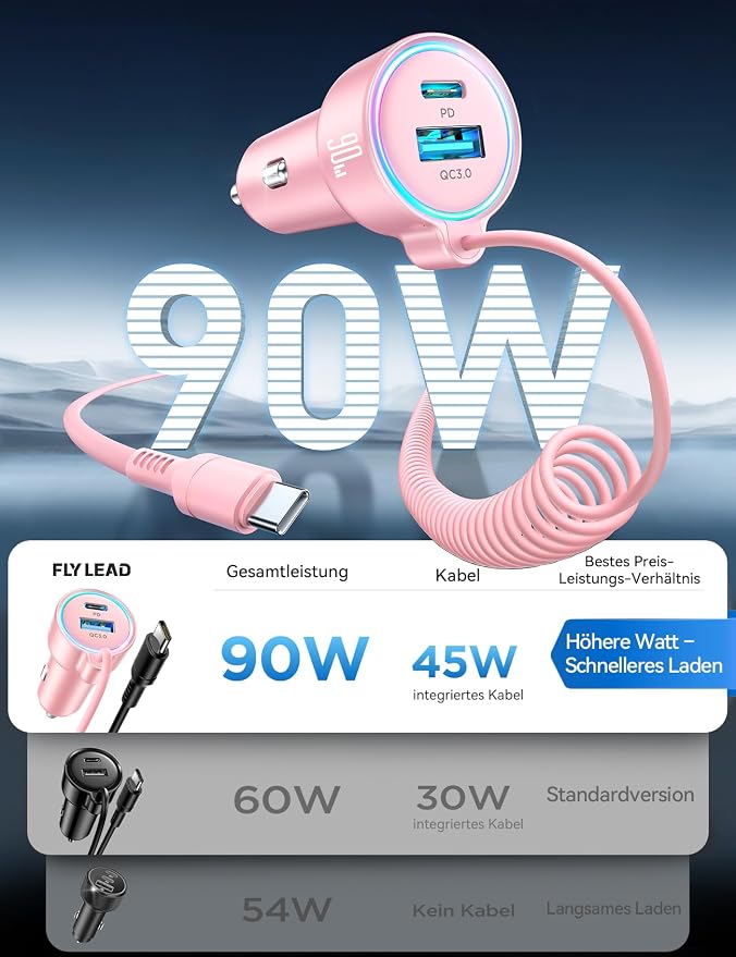 USB C 90W Car Charger for iPhone 17/16 Pro Max, PD & QC3.0 w/5 ft 45W Type C Coiled Cable, Fast Car Phone Charger Adapter for iPhone 17Air/15 Pro, Samsung Galaxy S25/S24/S23, Pixel 10/LG/Android, iPad