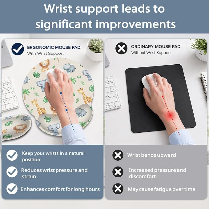Cute Animals Ergonomic Keyboard and Mouse Wrist Rest Set, Lions Giraffes Elephants Mouse Pad with Non Slip Base, Soft Cloth Surface for Office and Home Typing Support