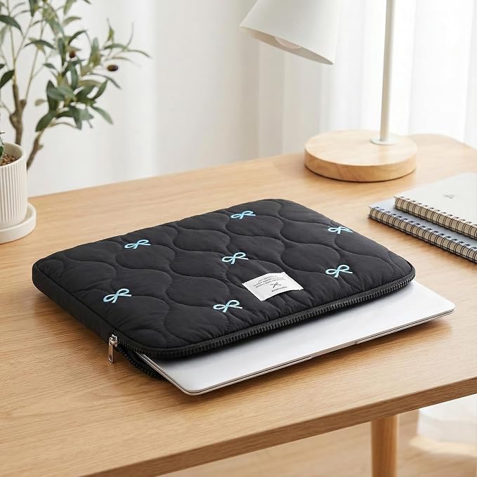 Cute Bow Laptop Case Coquette 13-15 Inch Puffy Laptop Sleeve Accessories Aesthetic Quilted Computer Bag for MacBook (Black 1, 15-15.6)