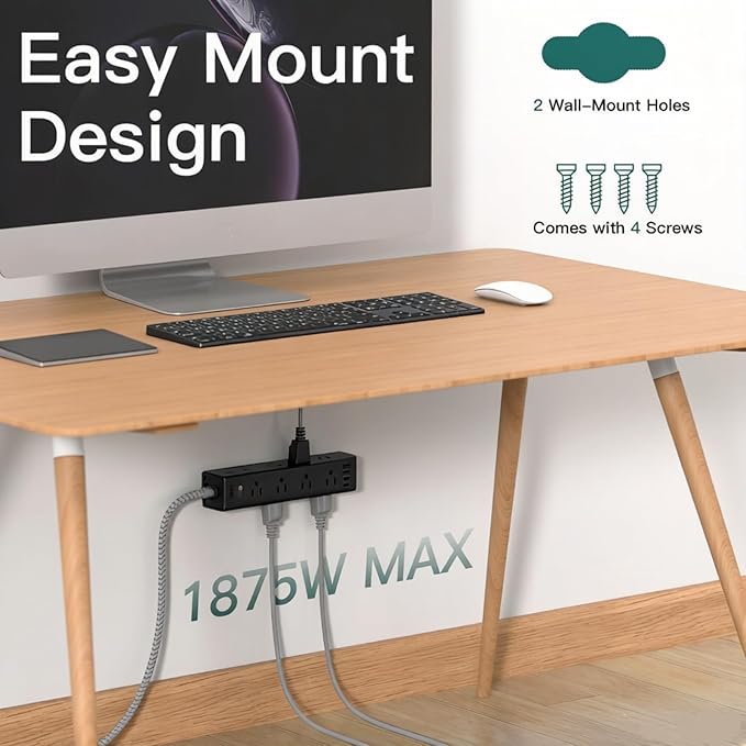 Addtam 20FT Long Black Power Strip Surge Protector, 12 Wide Spaced Outlets 4 USB, Flat Plug Extension Cord, Wall Mount Outlet Extender, 1050J Protection for Garage Workshop Office Gaming, ETL Listed