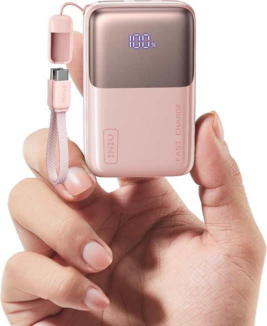 INIU Portable Charger, Ultra Mini 10000mAh 45W Fast Charging Power Bank, USB C Battery Pack with Cable, Flight-Safe Travel Powerbank for Women Girls Cute Nano Compact Sleek, Light Pink