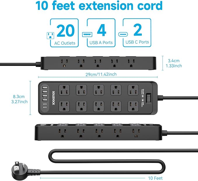Power Strip Surge Protector Flat Plug with 20 AC Outlets 6 USB Chagring Ports, 1875W/15A, 2700J, 10 Ft Heavy Duty Extension Cord for Home, Office, Dorm, Gaming,ETL Listed (Black, 10 Feet)