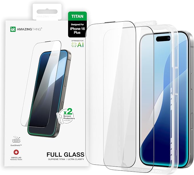 AMAZINGthing for iPhone 16 Plus [Titan - Full Glass] Screen Protector, Ultra Clear, 9H Tempered Glass, Built-in Dust Filter Full Coverage, Case‑Friendly, Oleophobic, Easy Installation, 2 Pack