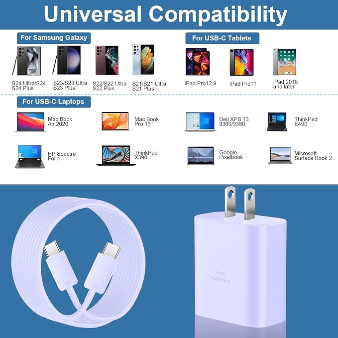 USB C Charger Block, 45W Super Fast Charger with 10FT Cable for Samsung Galaxy S26 S25 S24 S23 Ultra/S26 S25 S24 S23 S22 S21 S20/Note 10/20, PPS Android Phone Charger-Purple