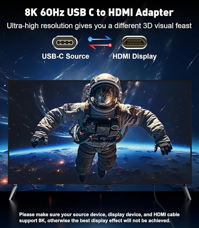 USB C to HDMI 2.1 Adapter, Support 8K@60Hz and 4K 120Hz, Dynamic HDR, Thunderbolt 3/4/5, USB 4 Port, Type C to HDMI Adapter for MacBook Pro/Air, XPS, ThinkPad, iPhone 15/16 Series