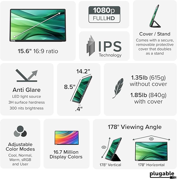 Plugable 15.6" USB-C Portable Monitor with 100W Pass-Through Charging | 2X USB-C 10Gbps Hub | FHD 1920x1080 IPS Display for Mac, Windows, iPad, Smartphone | 1.85lbs, Travel Cover/Stand Included