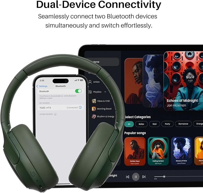 TOZO HT3 Hybrid Noise Cancelling Headphones, 90H Battery Life Wireless Over Ear Bluetooth 6.0 Foldable Headset, AI Voice Assistant with 5 Mics, Connect 2 Devices & Hi-Res Sound, 32 Audio EQ, with Case