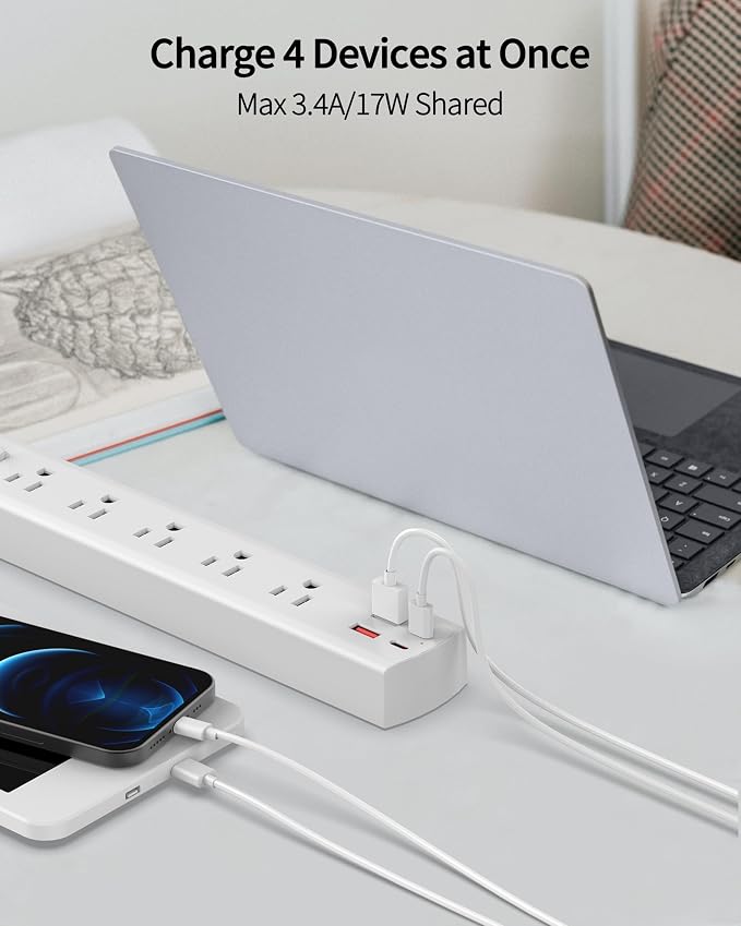 DEPOW Power Strip Surge Protector with 5 AC Outlets(1625W/13A) 4 USB Ports (2 USB C), Ultra Thin Extension Cord, Low Profile Flat Plug, 1700 Joules, Wall Mount for Home Office, White，10 Ft