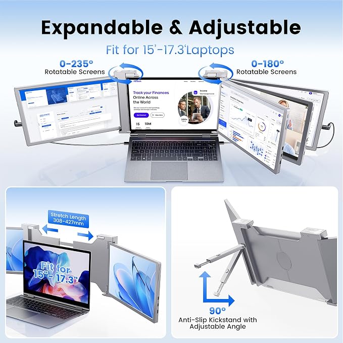 15.6'' 1080P FHD Laptop Screen Extender, Portable Monitor for 15"-17" Laptop with USB-C/HDMI Port, Plug-Play Monitor Extender for Triple Display for Mac/Windows Remote Work & Multitasking