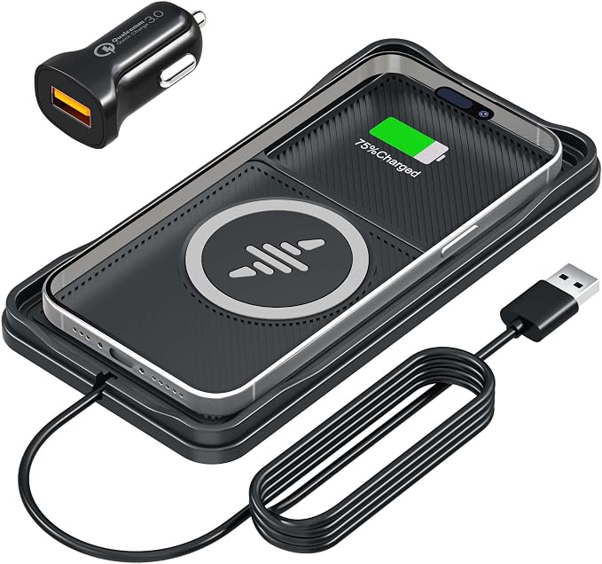 Car Wireless Charger Pad, 15W Fast Non-Slip Wireless Charging Pad for Car with 20W Car Adapter, Compatible with iPhone 17 16 15 14 13 12 Pro Max AirPods,100CM Cable