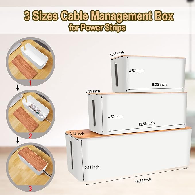 YUANYE Cable Management Box Cable Management Kit for Power Strip to Hide Wires,Cord Organizer Boxes,Safe ABS Material Wire Organizer of Cable Clips Sleeve for Home & Office,3Pack-128PCS/White