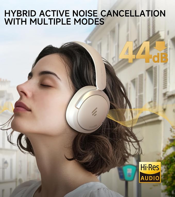 Atom Max Hybrid Active Noise Cancelling Over-Ear Headphones - Hi-Res Audio with Microphone, Volume Control, 45H Playtime, Fast Charging, Bluetooth 5.4, App Customization, Foldable Headset, White