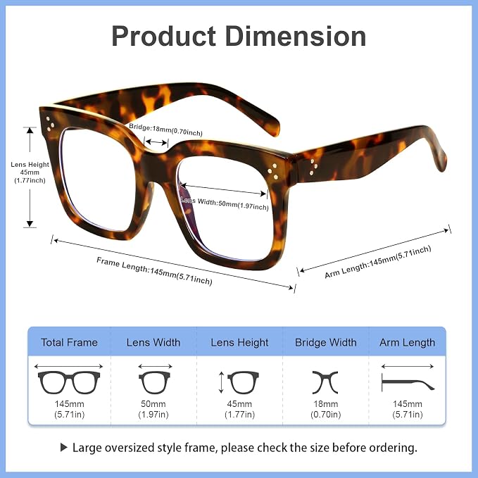 Ovresized Blue Light Blocking Glasses for Women Men Square Computer TV Eyeglasses