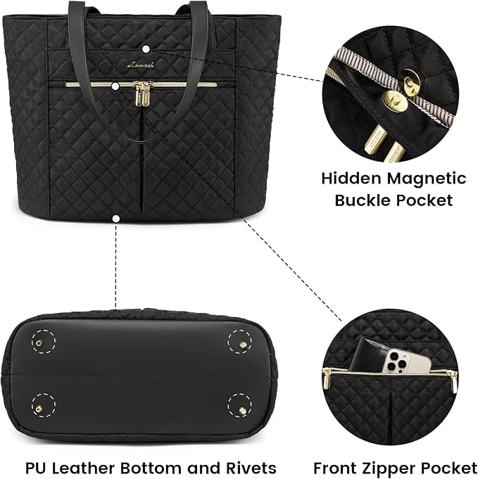 LOVEVOOK Laptop Bag for Women 15.6 inch,Diamond Quilted Work Tote Bags Womens Laptop Tote Computer Shoulder Bags,Stylish Travel Tote Bags Laptop Purse Case Briefcase Handbag with Clutch Bag,Black
