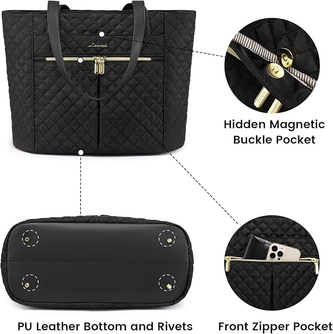 LOVEVOOK Laptop Bag for Women 17 inch,Diamond Quilted Work Tote Bags Womens Laptop Tote Bag Computer Shoulder Bags,Stylish Travel Tote Bags Laptop Purse Case Briefcase Handbag with Clutch Purse,Black