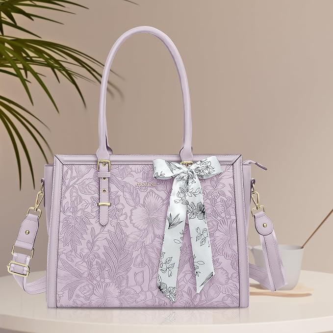 MOSISO Laptop Bag for Women, 15.6-16 inch PU Leather Tote Bag Compatible with MacBook, HP, Dell, Asus Notebook, Front Embossed Retro Hibiscus Computer Bags with Silk Scarf&Clutch Purse, Dusty Lilac