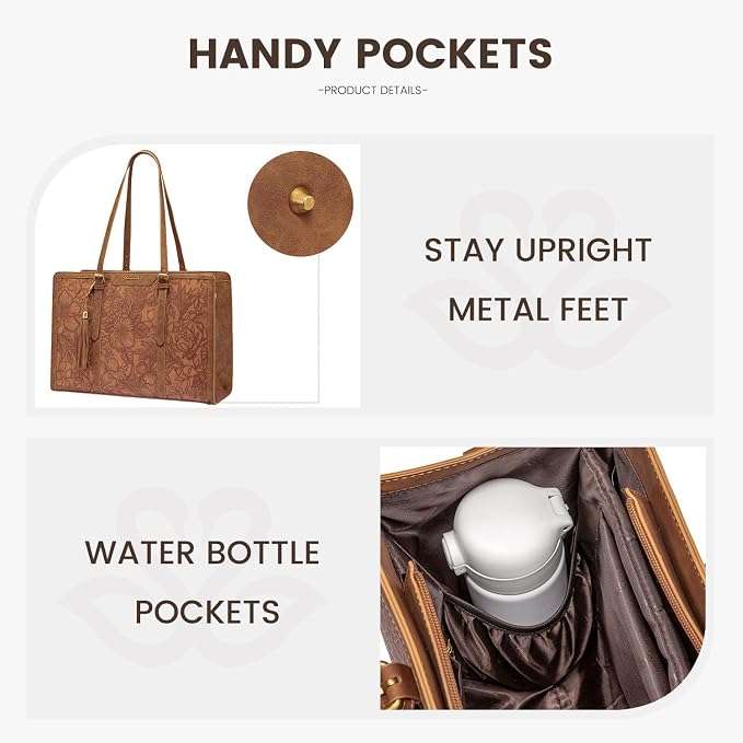 LOVEVOOK Laptop Bag for Women, Vintage Leather 15.6 Inch Work Tote with Large Cup Holder, Teacher Professional Computer Bag with Clutch Purse and Tassel for Office Business