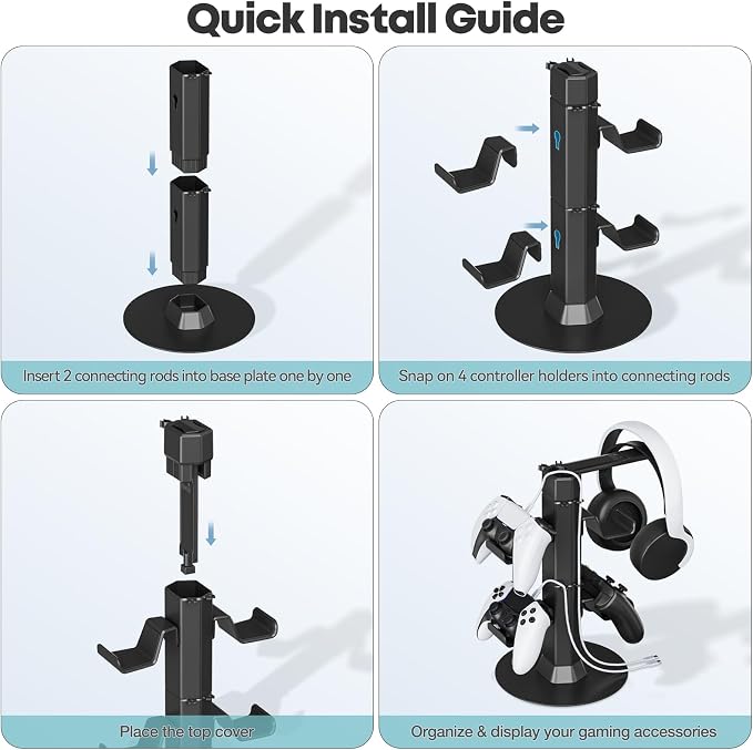 Gaming Controller & Headset Holder Stand for Desk, with Charger Cable Organizer Headphone Stand for PS5/ Xbox/ PS4/ Switch, Metal Base Controller Hook for Storage with 360° Rotatable Hanger- 2 Tiers