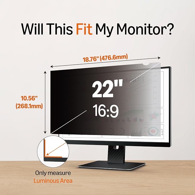 Amazon Basics Privacy Screen Filter -22 Inch 16:9 Widescreen Monitor, Anti-Spy, High Clarity, UV Protection, Eye Protection, Anti Glare & Blue Light Filter, Anti-Scratch (22" 16:9, 18.76"x10.56")