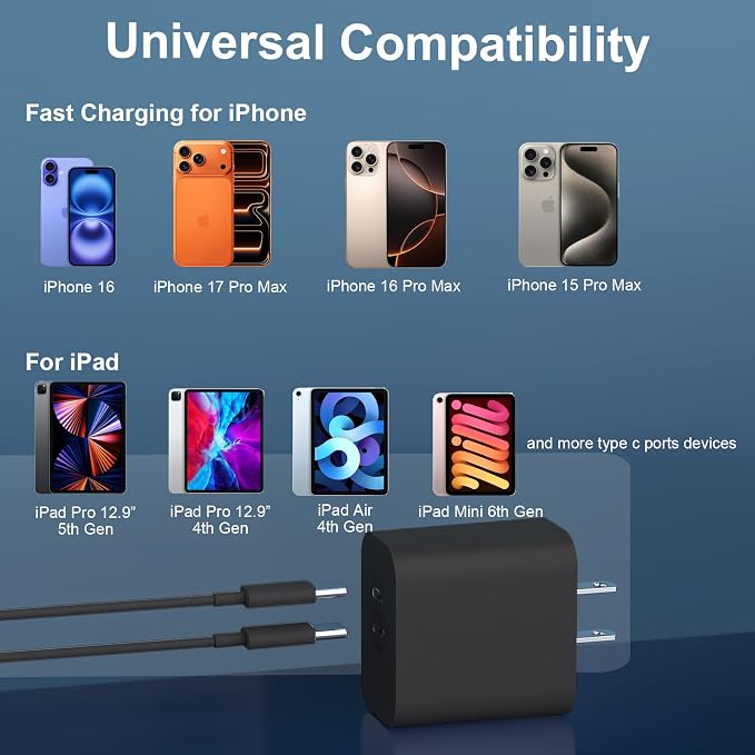 Fast Charger for 15 16 17 Pro Max, 10FT Long USB C to C Charging Cable Cord & 20W Dual Port USB C Fast Charger Block for Phone 17 16 15 Pro Max/17 16 15/15 Plus,Pad Pro 12.9"/11", Android Phone