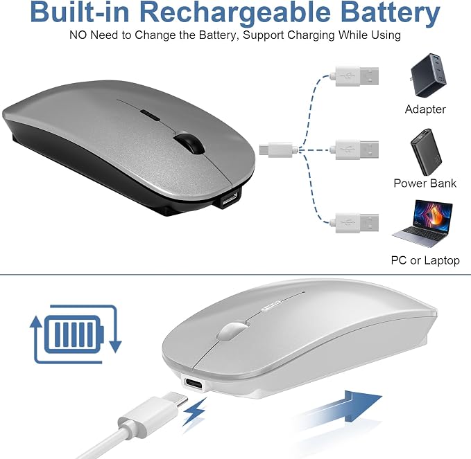 Kovess Wireless Bluetooth Mouse for Mac Air MacBook Pro Laptop PC Pad Optical Rechargeable Silent Mouse with Jiggler Mode Dual Mode Switch Bluetooth 5.2/3.0 and 2.4G USB-A & USB-C Receiver Black