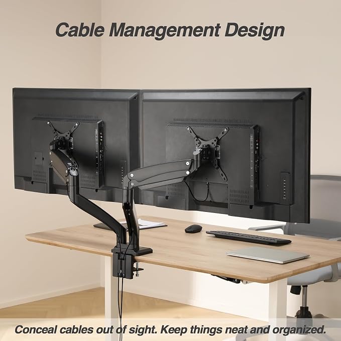AVLT Dual Monitor Arm Desk Mount for 13"–43" Flat/Curved Screens with USB-A Pass-Through, Full Motion Height Adjustable Swivel Tilt Rotation VESA/C-Clamp/Grommet/Cable Management, Black