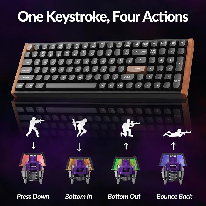 Keychron K4 HE 96% Wireless Hall Effect Keyboard with Number Pad, Rapid Trigger Magnetic Switches, QMK Launcher, 2.4GHz/Bluetooth/Wired, Mac & Windows, Wood Accent Frame, Black (Non-Shine-Through)