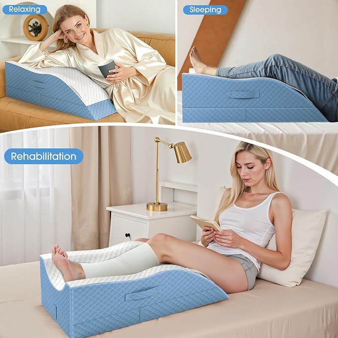 TranquilRelax Elevation Pillows for Leg After Surgery, Memory Foam Adjustable Wedge Pillow for Injury or Rest, Ankle Pillow for Sleeping Blood Circulation Light Blue/Single Leg