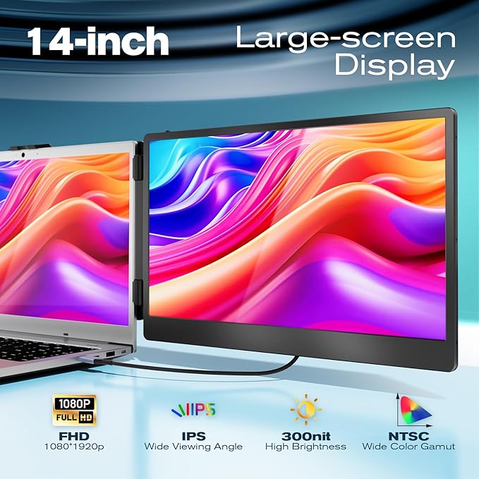 Teamgee Laptop Screen Extender, 14" IPS 1080 FHD Portable Monitor with Built-in Speakers & Kickstand, Compatible with Mac Windows Android Dex Harmony, S1 Laptop Monitor Extender Fits 13"-17" Laptops