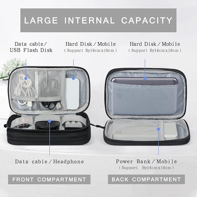 Skycase Electronic Organizer Travel Case - Waterproof Travel Cord Pouches for Organization, Cable Organizer, All-in-One Double Layers Storage Bag for Accessories, Charger, Cable, Black - Large
