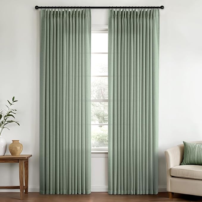 Memory Trained Pinch Pleated Curtains 84 Inches Long, Viral Linen Pinch Pleat Sheer Curtains with Ring Hooks&Clips for Track System Living Room, Sage Green Light Filtering Privacy Curtain 2 Panel Set