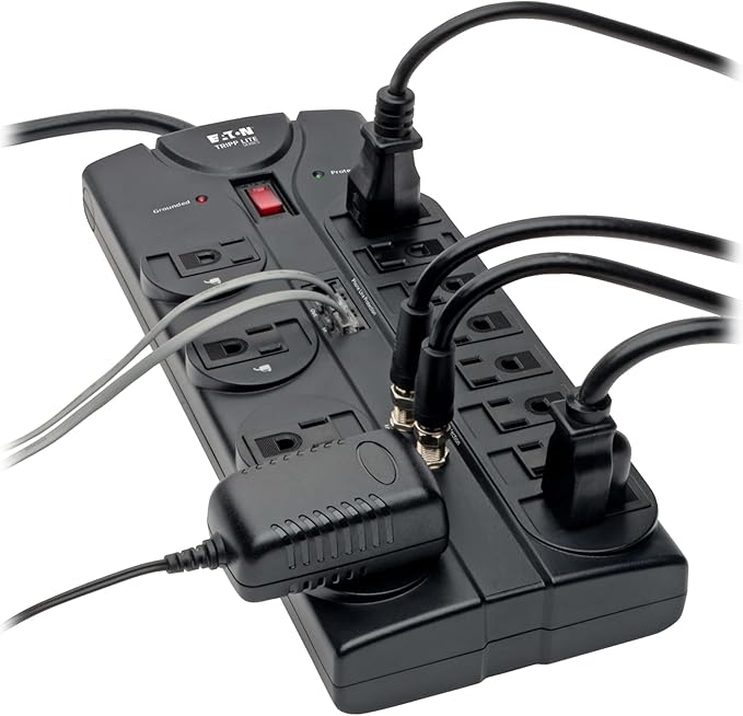 Eaton Tripp Lite TLP1208TELTV Home Theater Surge Protector Power Strip, 12 Outlets, Flat Plug 8ft Extension Cord, 2160 Joules | Coax and RJ11 Ports for Phone Land Line, TV, and WiFi Router Protection