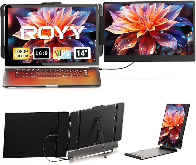 ROYY Laptop Screen Extender, 14" Portable Laptop Monitor FHD 1080P IPS, 180° Rotation Dual Screen, One Cable Plug & Play, Extra Compatible with Windows/Mac/Android/Switch/PS Fits 13"-17" Laptops