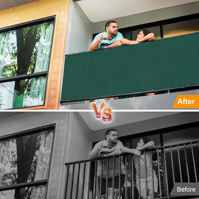 LOVE STORY 3 x10 Dark Green Waterproof Balcony Privacy Screen Cover - Opaque Fence Covering Privacy, 100% Polyester Fabric, UV Protection Shield for Apartment Railing,Outdoor Patio, Deck, Porch