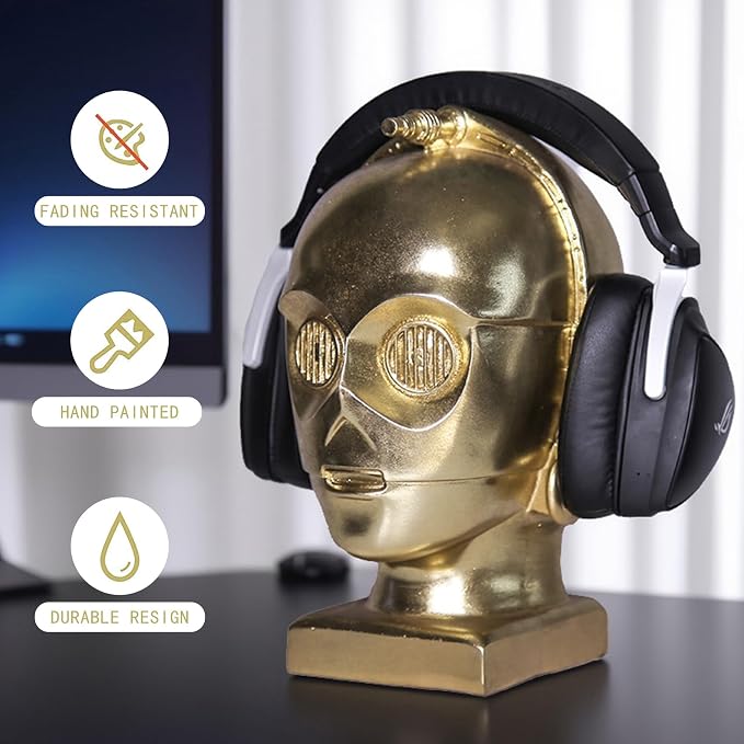 Home Decor Office Living Room Decor Robot Head Headphone Stand, Gold Metallic Finish, 10.63 x 7.09 x 5.91 inches, Decorative Display Holder for Gaming Headsets