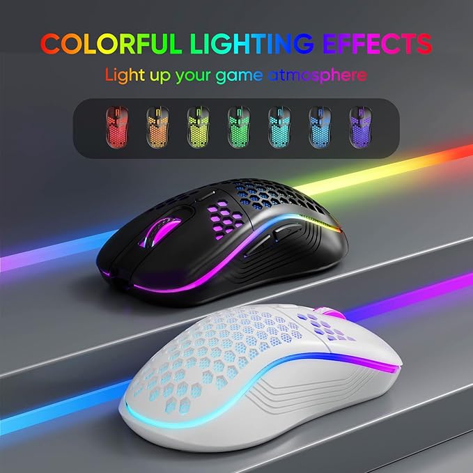 MELOGAGA Wireless Gaming Mouse Honeycomb 2.4G USB Cordless Mouse RGB Rechargeable PC Game Mice with 7-Color LED Lights，4 Adjustable DPI for Windows Laptop Desktop Computers (Black)