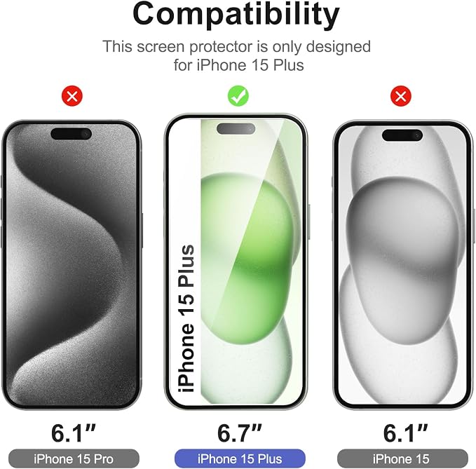NEW'C 3x for iPhone 15 Plus Screen Protector (6.7 inches)+ 3x Camera Lens Protector, Sensor Protection, Case Friendly Tempered Glass Film + Dust Plug- Easy installation tool include